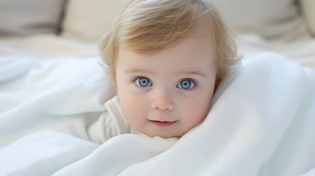 
A very cute little white caucasian baby kid wrapped in soft white blanket on a bed. image perfect for ads. big blue eyes and tiny nose,