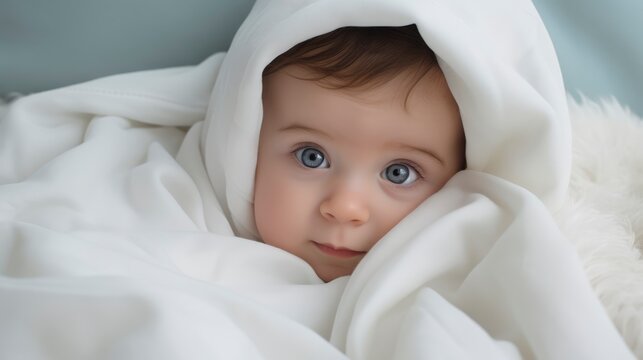 
A very cute little white caucasian baby kid wrapped in soft white blanket on a bed. image perfect for ads. big blue eyes and tiny nose,