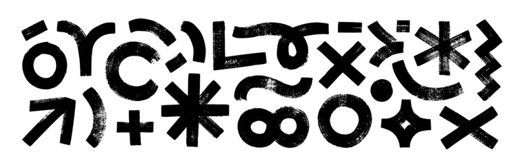 Creative hand drawn various shapes and doodle objects in grunge style. Bold brush drawn circles, asterisk, infinity sign, x, arrow, wavy and squiggle lines. Naive playful abstract vector shapes.