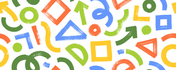 Seamless pattern with basic brush drawn geometric shapes. Multi colored background with geometric figures like circles, triangles, squares and wavy lines. Abstract childish vector seamless pattern.