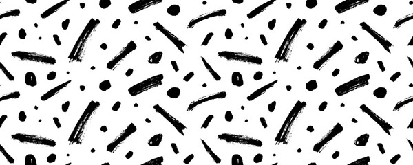 Fun doodle lines and dots seamless pattern. Creative minimalist style childish banner background. Straight short brush strokes and dots ornament. Vector festive celebration simple design.
