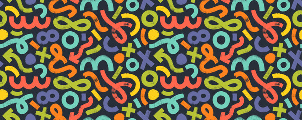 Various doodle grunge shapes seamless pattern. Brush drawn bold curly lines, forms, arches, squiggles and waves, brush strokes and doodle objects. Multi colored abstract trendy vector pattern.