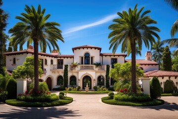 Gorgeous mansion designed in the elegant Spanish style, boasting luxury features, set amidst a lush residential estate. The property is secured with a privacy gate and surrounded by majestic palm - obrazy, fototapety, plakaty