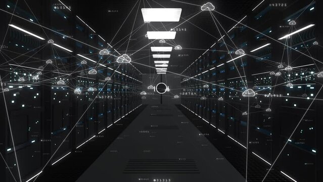 Cloud computing data storage concept, Server cabinets for storage, Data servers in a data center server room, Futuristic digital data network connection technology