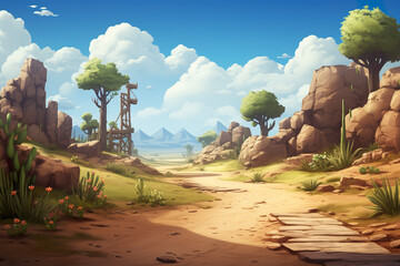 Background environment of a 2D abstract caravan route for mobile adventure or battle game. Caravan known route cartoon style in game art background environment.