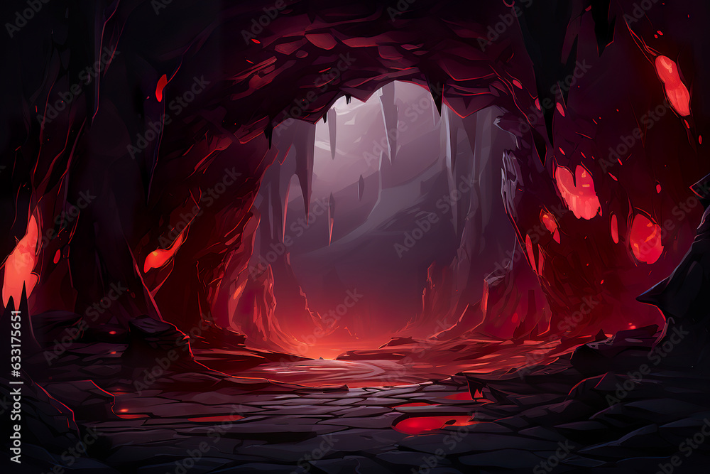 Wall mural background environment of 2d abstract lava caves for adventure or battle mobile game. dark lava cave
