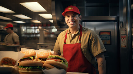 Happy Fast Food Worker in the Kitchen Posing Happily With Newly Made Burgers Ready for Delivery. Wearing Red Apron. Concept of Restaurant, Cook, and Minimum Wage.