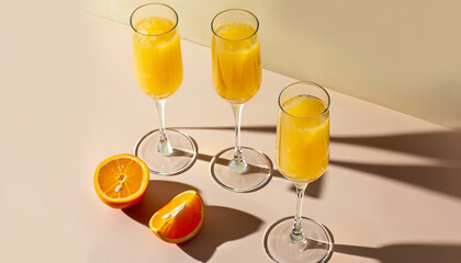 Mimosa summer cocktail drink with orange juice and cold dry champagne or sparkling wine in glasses. Beige background, hard light, shadow pattern
