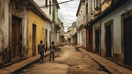 Fototapeta na wymiar Empty Narrow Street of Brazil. Two Boys Walking On Cloudy Day. Concept of Poor Neighborhood Slums.