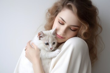 Shy woman holding a kitten AI Generated