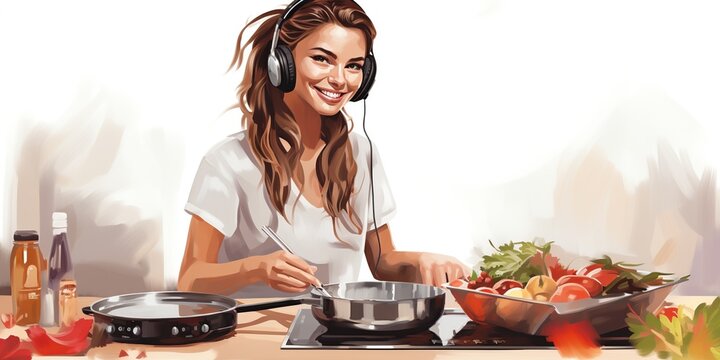 Woman in headphones cheerfully cooking in the kitchen AI Generated
