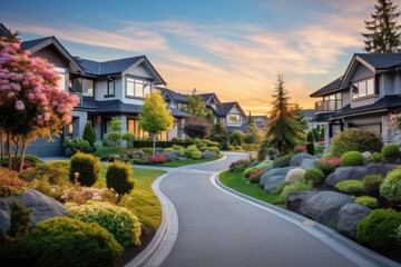 Fototapeta na wymiar An ideal suburban community during the summer in North America with exquisitely designed luxury houses adorned with beautiful landscapes.