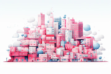 Retro risograph illustration of a crowded city with high rise buildings.  Generative ai.