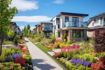Fototapeta na wymiar Gorgeous, recently built modern suburban homes adorned with vibrant summer gardens can be found in a residential area of Canada.