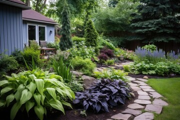 During the summer season, a small garden in Canada boasts exquisite landscaping. It showcases a range of meticulously arranged flora including blue spruce trees, hosta plants, astilbes, and azaleas