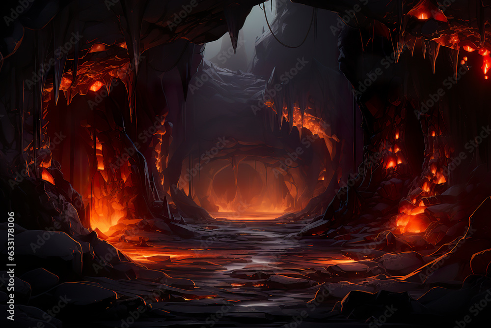 Wall mural background environment of 2d abstract lava caves for adventure or battle mobile game. dark lava cave