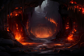 Background environment of 2D abstract lava caves for adventure or battle mobile game. Dark lava caves cartoon style in game art background environment. - obrazy, fototapety, plakaty