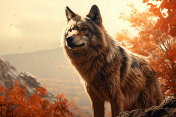 Wolf with nature background style with autum