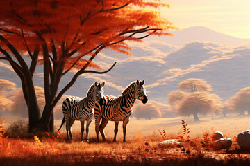 Fototapeta na wymiar Zebras with nature background style with autum
