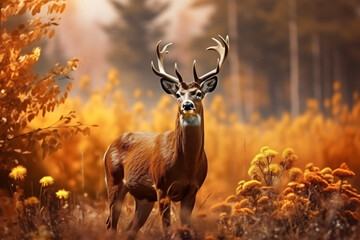Deer with nature background style with autum