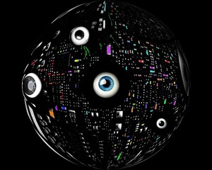 Obraz premium A hybrid photograph reconstructed to represent am artificial intelligence cyborg, revealing its circuitry and ability to know and see all, set against a black background.