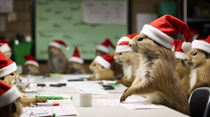 Festive Rodent Roundtable: Santa-Hatted Prairie Dogs Collaborate at theOffice