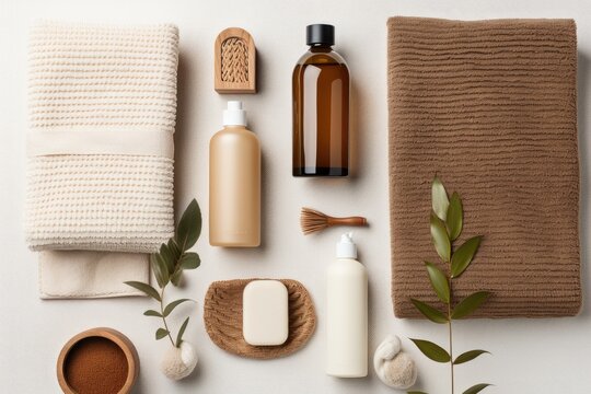 Top view of a flat lay design showcasing a brown bottle mockup specifically designed for bathroom bathing products, such as spa shampoo, shower gel, and liquid soap. Alongside these products, a cotton