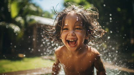 Sprinkler Delight: Uplifting Playtime with a Little Boy in Backyard