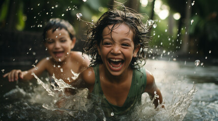 Obraz premium Sprinkler Delight: Uplifting Playtime with a Little Boy in Backyard