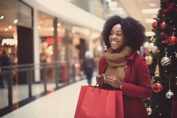 happy and beautiful African woman explores the bustling shopping mall, enchanting Christmas atmosphere, filled with twinkling lights, festive decorations, and the joyful sounds of holiday music