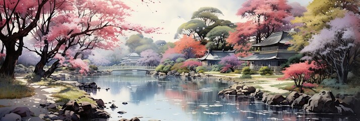 a watercolor painting of a tranquil Japanese garden, generative AI