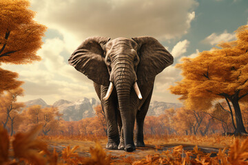Elephant with nature background style with autum