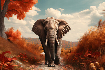 Elephant with nature background style with autum
