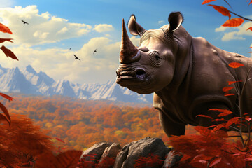 Rhinoceros with nature background style with autum