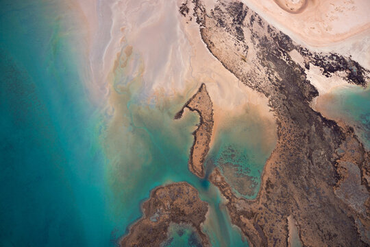 Aerial view of the tidal sand plains around Dampier Peninsula, Cape Leveque, Kimberley region of Western Australia 
