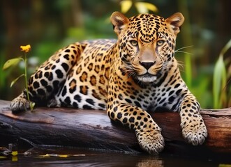 Obraz premium Large wild Jaguar in the wild near a pond, generative AI