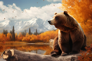 Bear with nature background style with autum