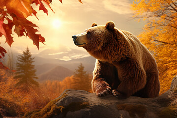 Bear with nature background style with autum