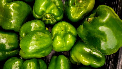 Obraz na płótnie Canvas green bell peppers filling the frame, food or produce background asset.