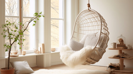 a beautiful room with a cocoon swing - obrazy, fototapety, plakaty
