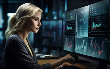 The female analyst is analyzing the financial big data displayed on the LCD screen, responsible for the investment strategy division of a startup project.