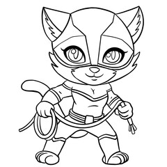 Cat superhero character coloring page for children and adults. Hand drawing illustration in black outline and transparent background
