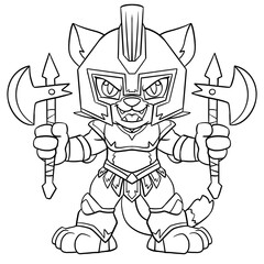 Cat in ancient armor character coloring page for children and adults. Hand drawing illustration in black outline and transparent background