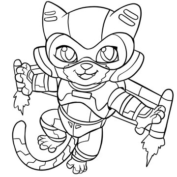 Cat character coloring page for children and adults. Hand drawing illustration in black outline and transparent background