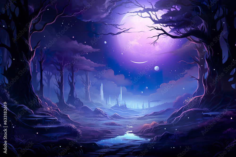 Wall mural 2d abstract starlit forest background environment for adventure or battle mobile game. forest cartoo