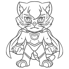 Cat superhero character coloring page for children and adults. Hand drawing illustration in black outline and transparent background