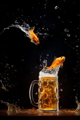 One fish is jumping into a glass full of beer, while another is leaping out. Beer spills from the glass, creating drops and splashes. An abstract still life concept set against a black background.