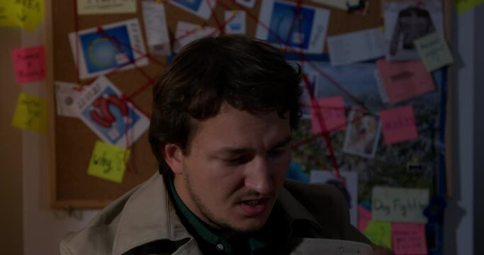 Obsessed detective, police inspector is at dead end, tired of investigating crime, shakes his head in puzzlement, drinks glass of whiskey, winces Workaholic man looking for suspect evidence board, map