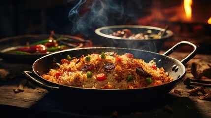 Fried rice with chopped vegetables and meat on a plate with a blurry background