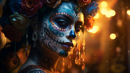 La Catrina dia de muertos schöne Frau mit Maske / Make-up, dekoriert mit Blumen Kostüm. Tag der Toten in Mexico. Querformat. Generative Ai.